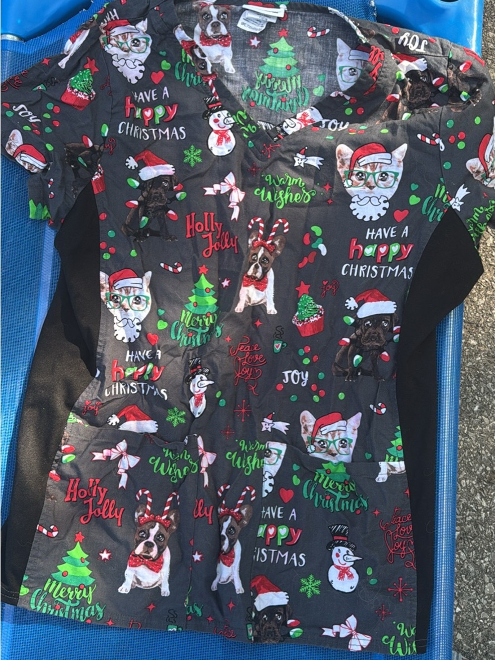 Never warn -  Holiday Dog Print Scrub Top - Black with Red & Green